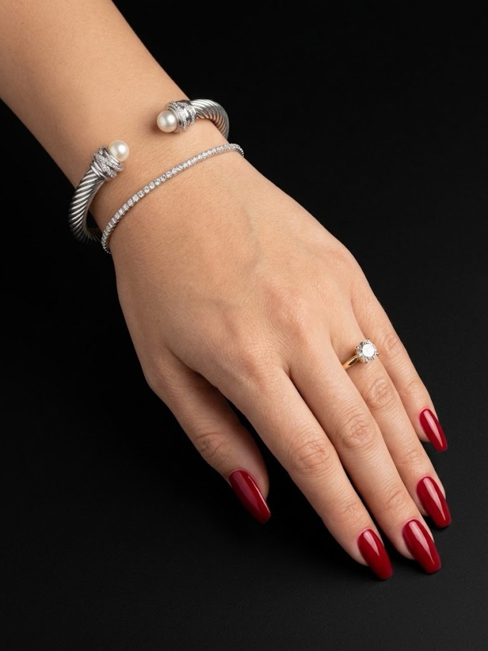 Fashion Pearl Ended Silver Cable Cuff Bracelet